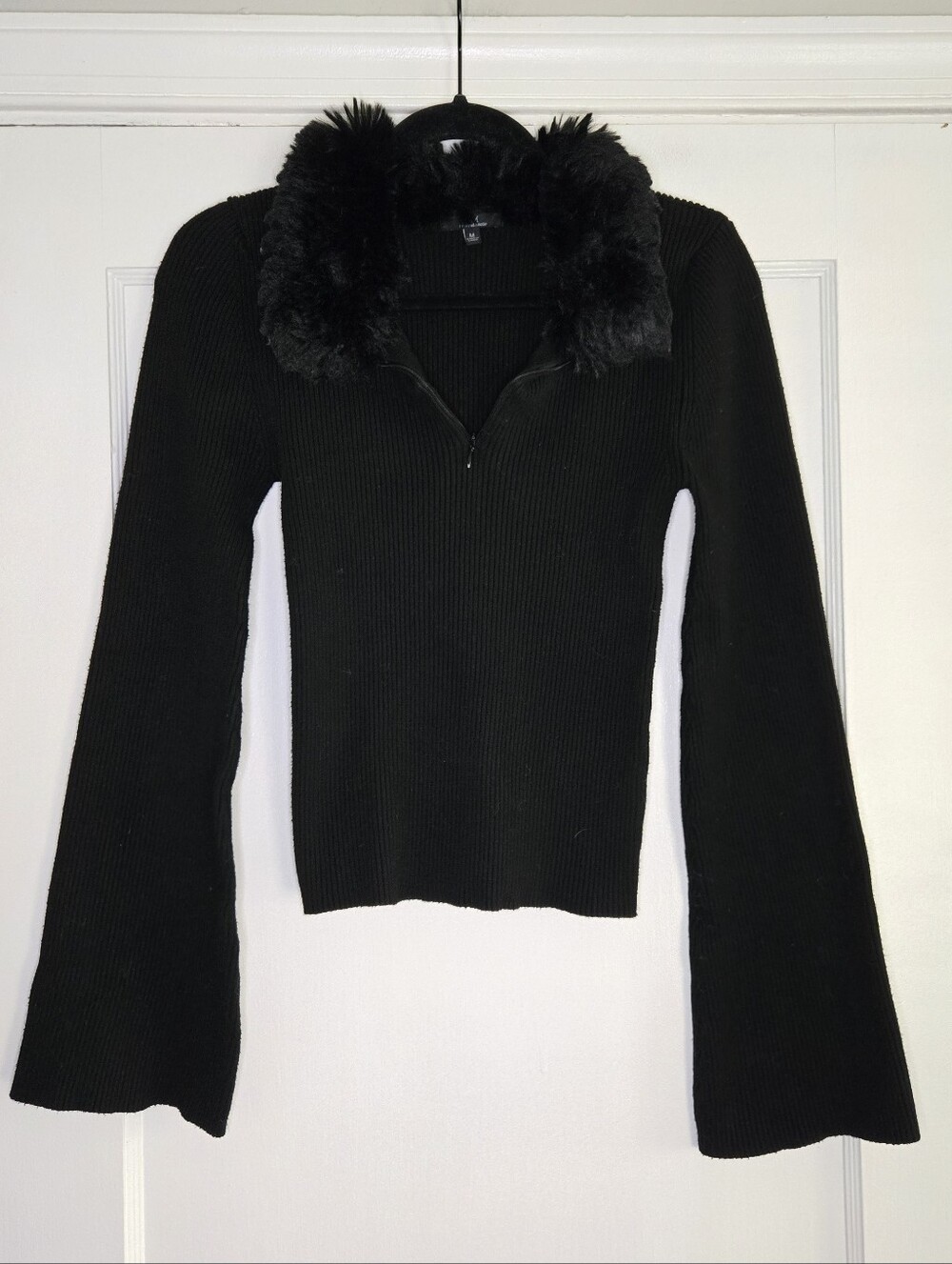 My Michelle Black Y2K Sweater with Faux Fur Collar & Bell Sleeves Womens Medium